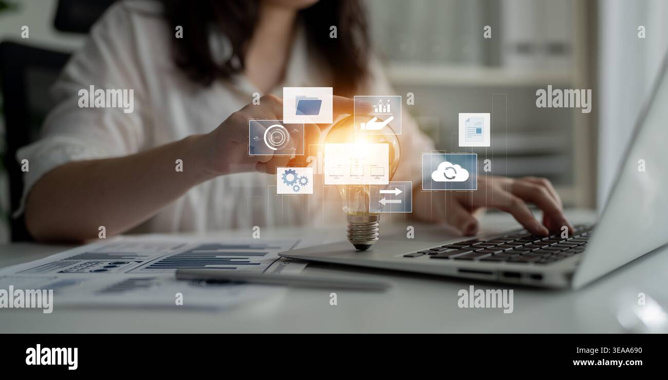 Digital business infrastructure with data system, analytics, sync. System management improves access, system management ensures performance, and Stock Photo
