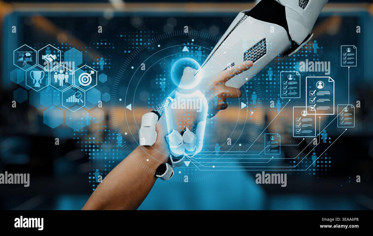 A captivating image showcasing the interaction between a human hand and a robotic arm, augmented with digital elements representing data and Stock Photo