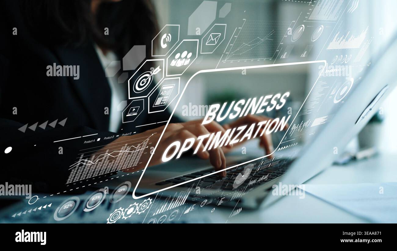 Business Optimization Concept with Hands on Laptop and Digital Interface Networking for Performance Improvement. Asymptotic smart data analytic. Stock Photo