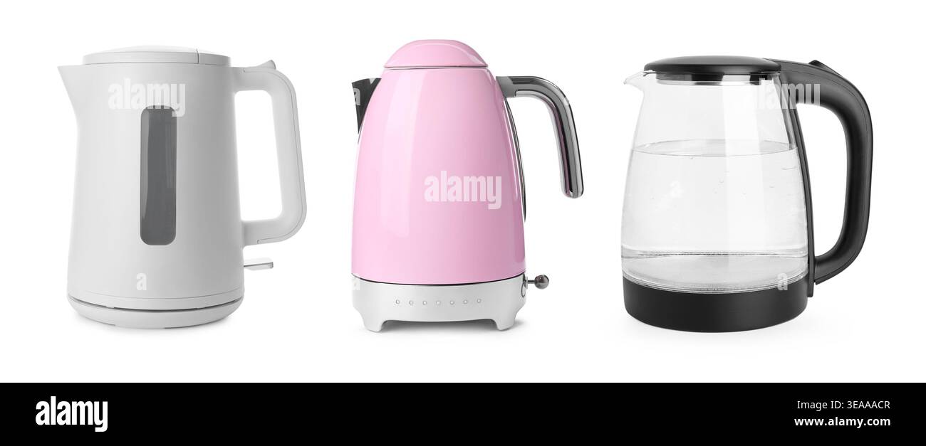 Different electric kettles isolated on white, set Stock Photo