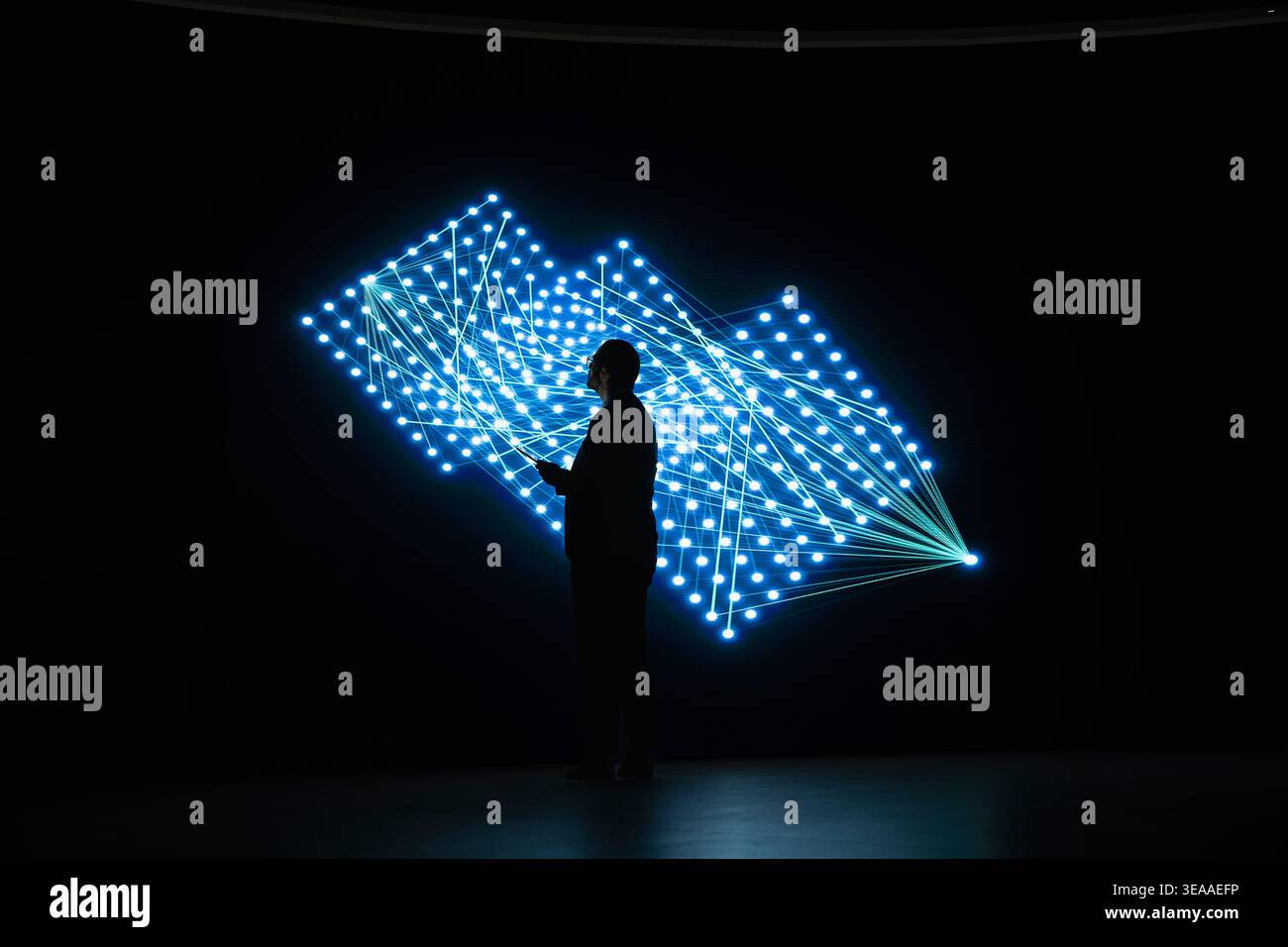 Monitoring AI model connections, visual interface and software developer. Studying artificial intelligence, digital wall and computer scientist trying to understand neural network synapses algorithms Stock Photo