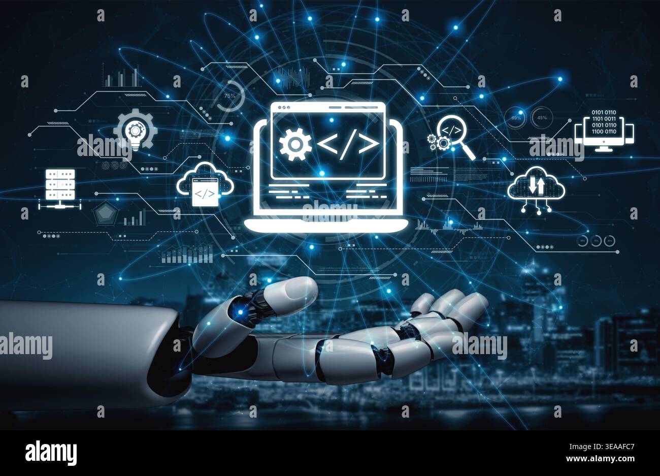 AI streamlines web development with smart coding tools, interface automation, and futuristic design systems for building efficient online platforms Stock Photo