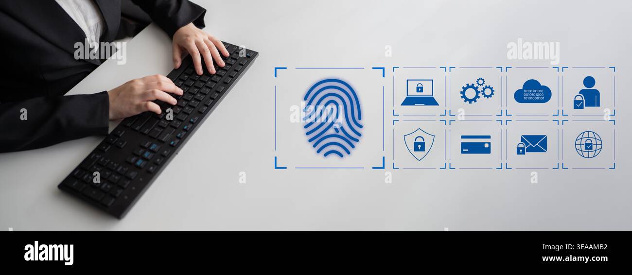 System for safeguarding digital identity using fingerprint authentication, encryption, and secure access protocols across cloud, device, and personal Stock Photo