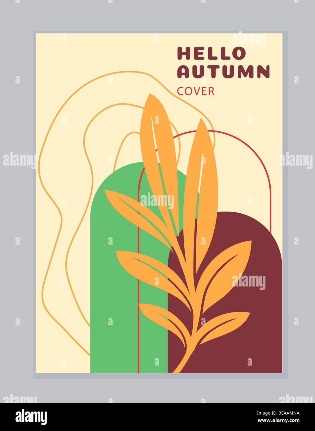 Hello autumn poster. Yellow leaves silhouette. Abstract minimalistic patterns and ornaments. Fall season and thanksgiving day. Flat vector Stock Vector