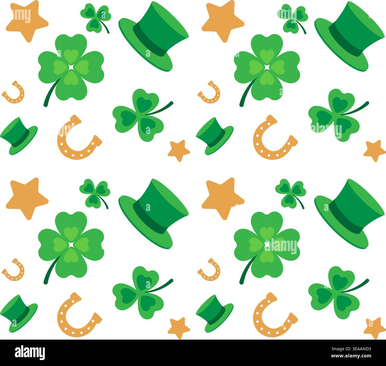 Saint Patricks Day seamless pattern. Repeating design element for printing on fabric. Green hat, clover and golden horseshoe. Traditional Irish Stock Vector