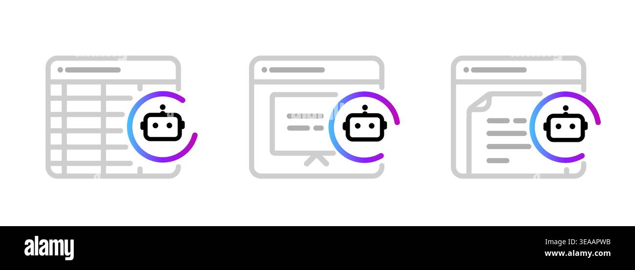 Artificial intelligence assistant in office software applications icons set robot chatbot agent helping with spreadsheet data analysis presentation Stock Vector