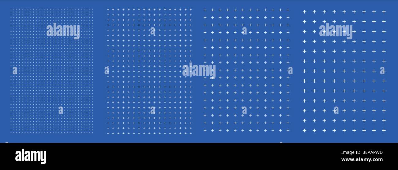 Blueprint grid set Bold Plus Node Grid cross geometry, four scale variations. Wide medium dense micro spacing comparison, engineering layouts dashboards notebook pages interface planning systems  Stock Vector