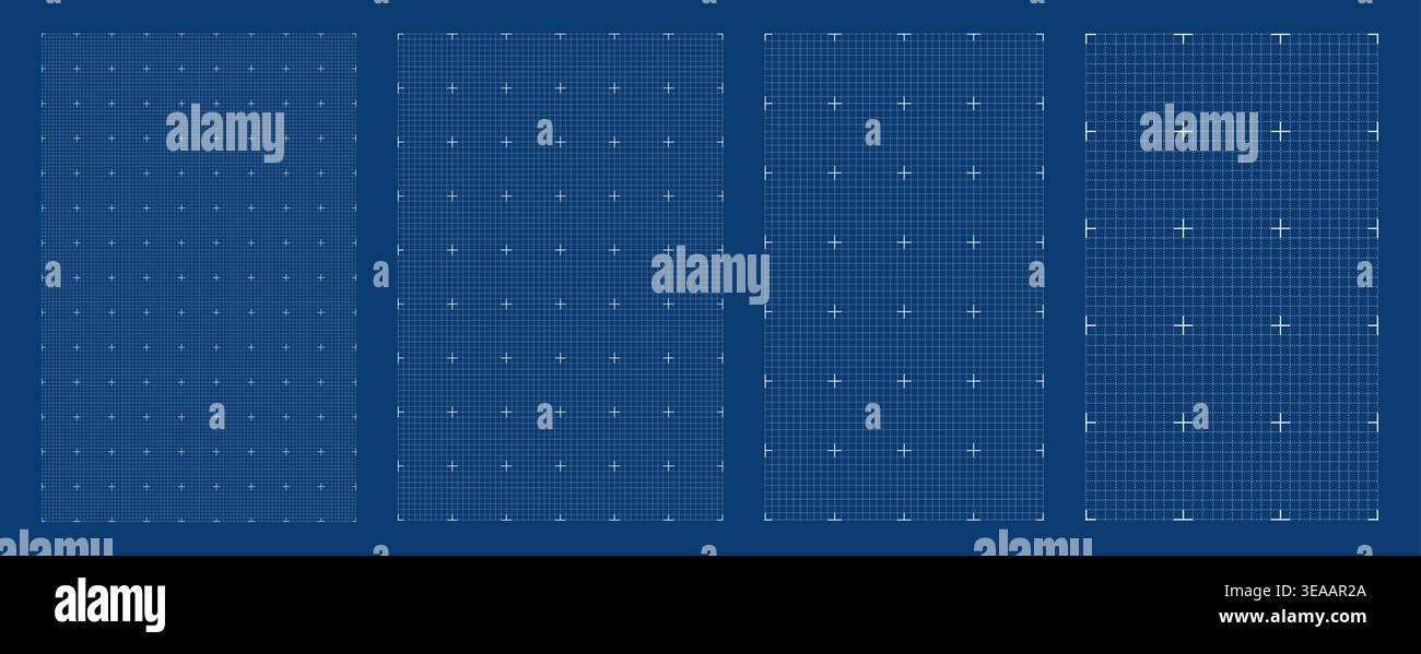 Blueprint grid set dashed micro geometry, four scale variations. Wide medium dense micro spacing comparison, engineering layouts dashboards notebook pages interface planning systems technology graphic Stock Vector