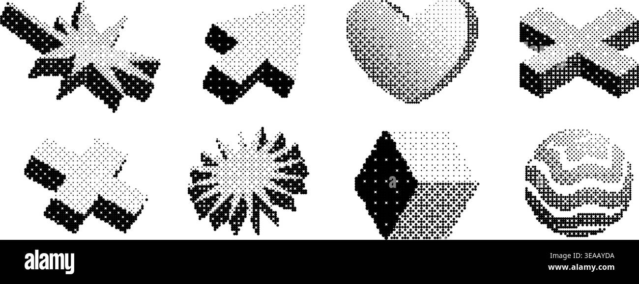 Pixel geometric shape set. Bitmap 3D form collection. Pixelated element pack for graphic design, banner, poster, leaflet. Halftone rasterized effect bundle. Vector trendy Y2K dither objects Stock Vector