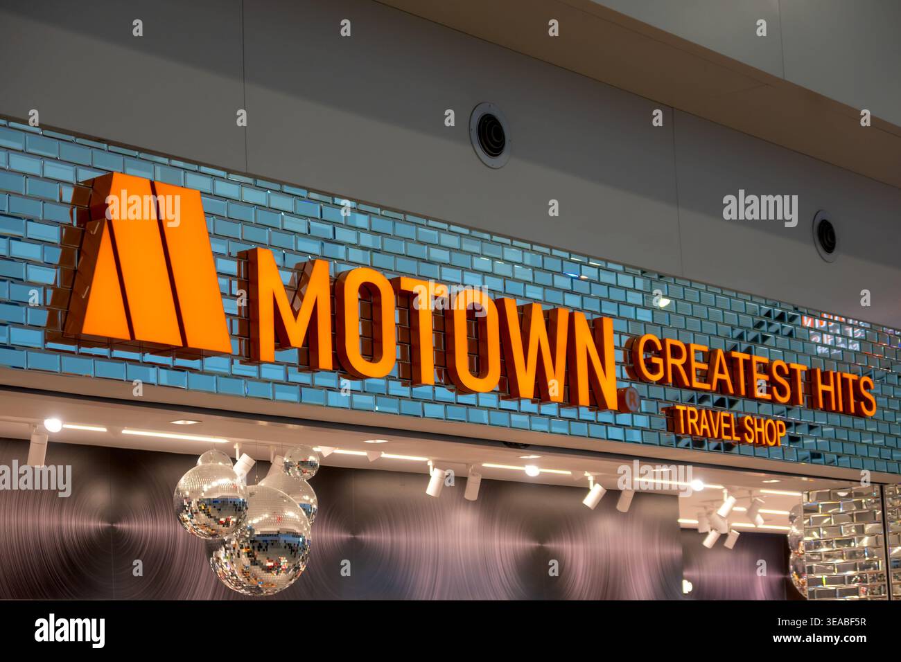 DETROIT, MICHIGAN - October 16 2025 : Motown Greatest Hits Travel Shop sign displaying famous music brand Stock Photo