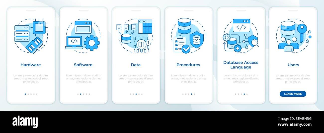 Database system elements blue onboarding mobile app screen Stock Vector