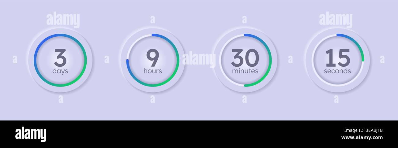 Gradient neumorphism circular countdown timer set Stock Vector