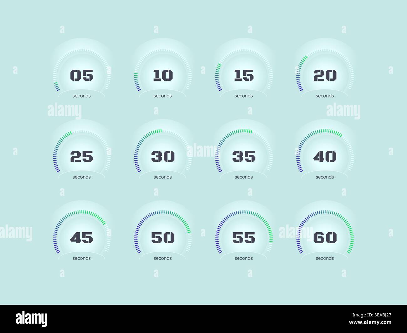 Purple gradient radial dots circular countdown timer set Stock Vector