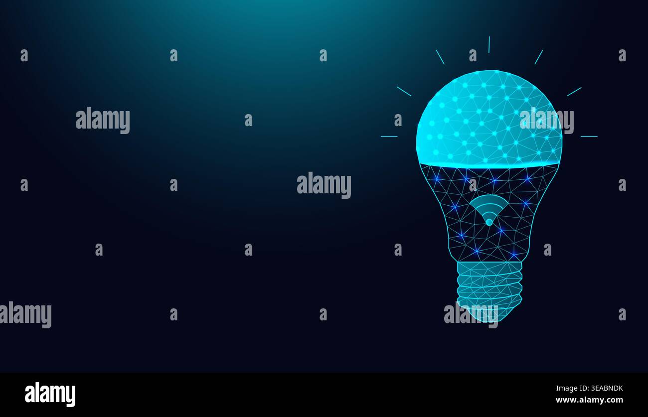 Low poly wireframe smart lightbulb on dark blue background. Stock Vector