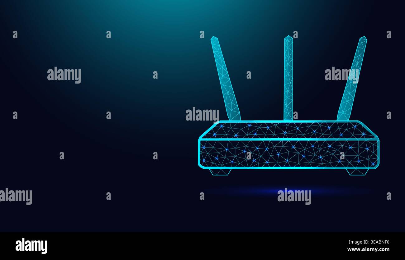 Low poly wireframe Wi-Fi router on dark blue background. Stock Vector