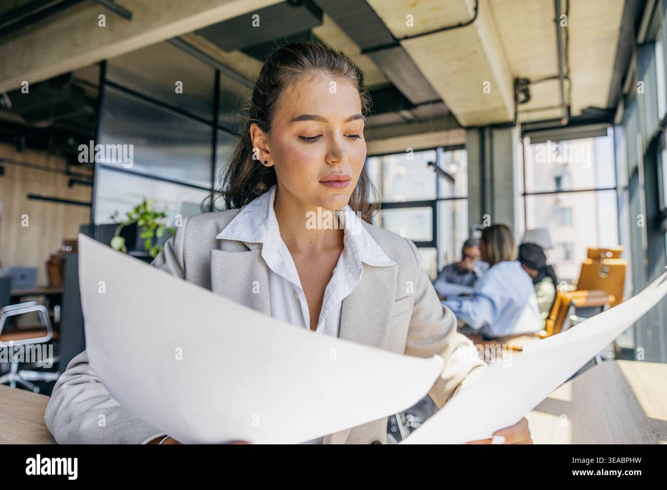 Architectess Intensely Studies Large Scale Blueprints In Collaborative Creative Environment Stock Photo