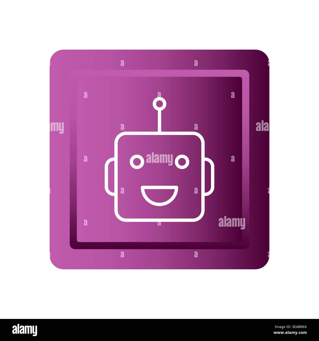 Vector robot head outline. Purple square button. Chatbot AI symbol. User interface element. Stock Vector