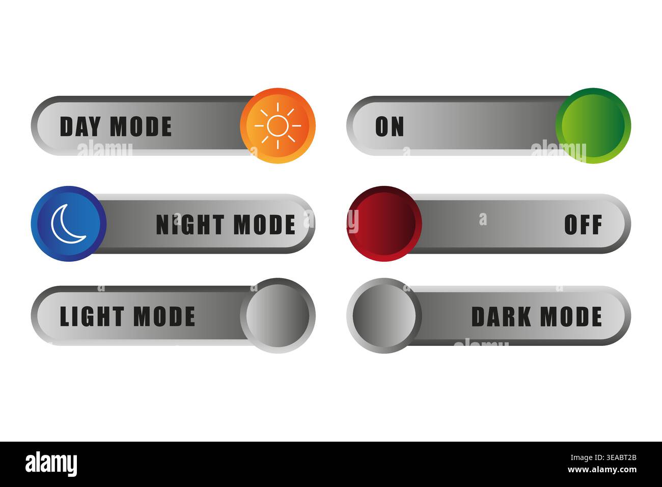 Vector toggle switches collection. Day night mode buttons. Light dark ON OFF elements. Stock Vector