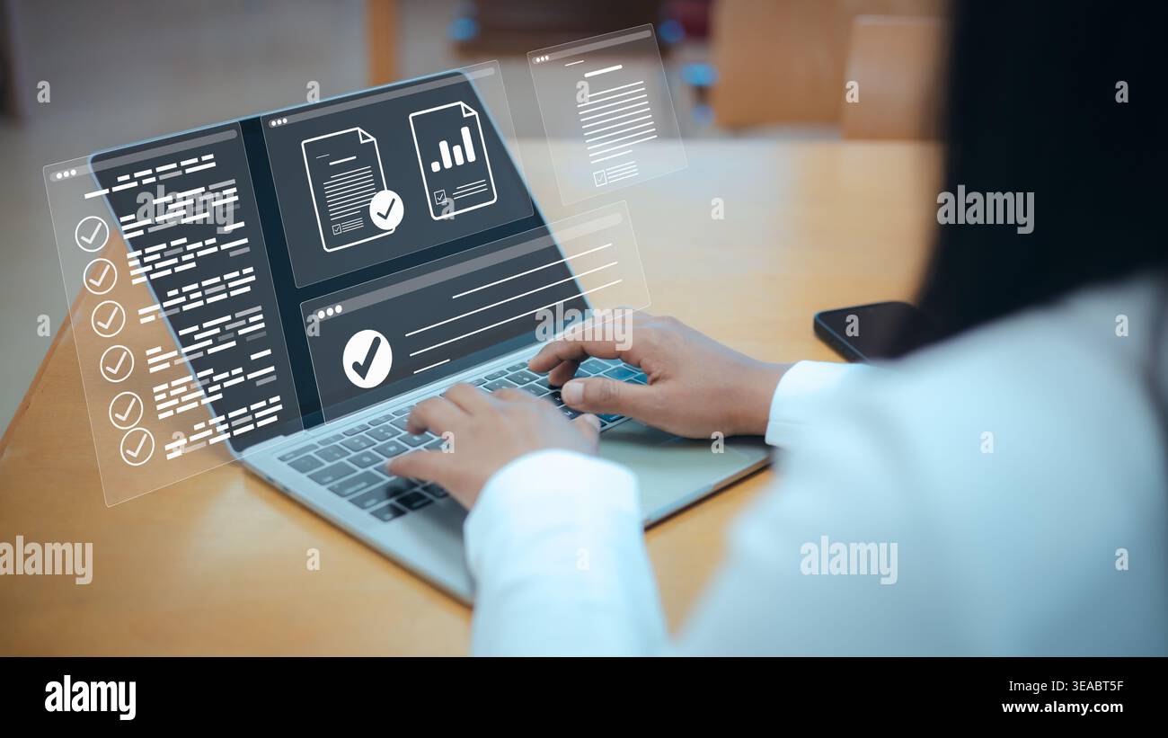 Digital document management system on laptop,Paperless office technology for business efficiency,Data analysis report with virtual interface,Automated Stock Photo