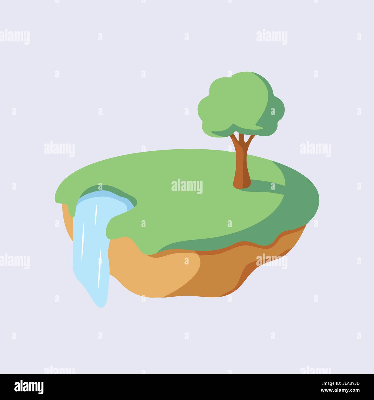 A fantasy floating land piece with grass a tree and a waterfall hangs above open space. Stock Vector