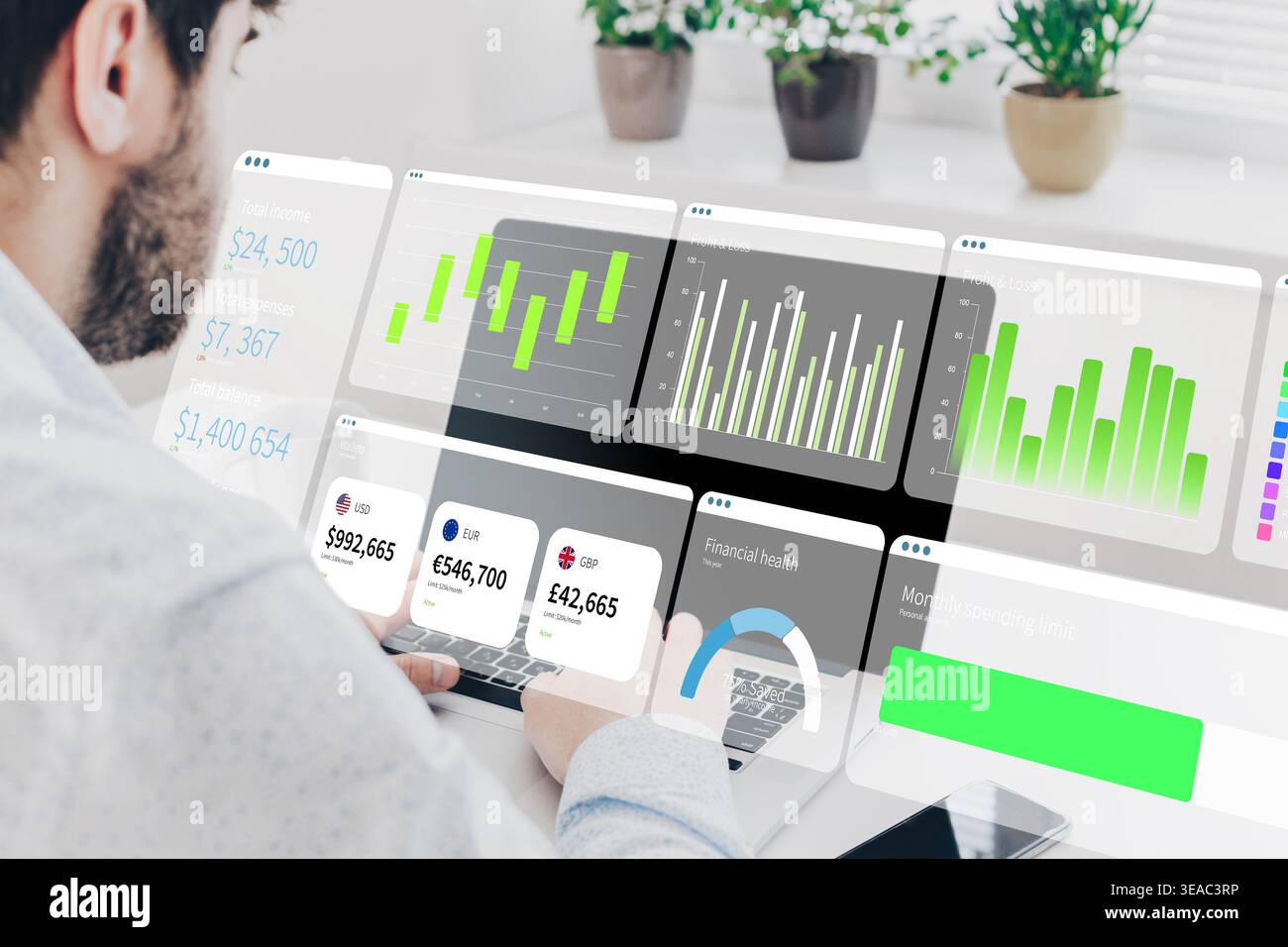Business chart displayed on computer screen while a man analyzes data in digital setting Stock Photo