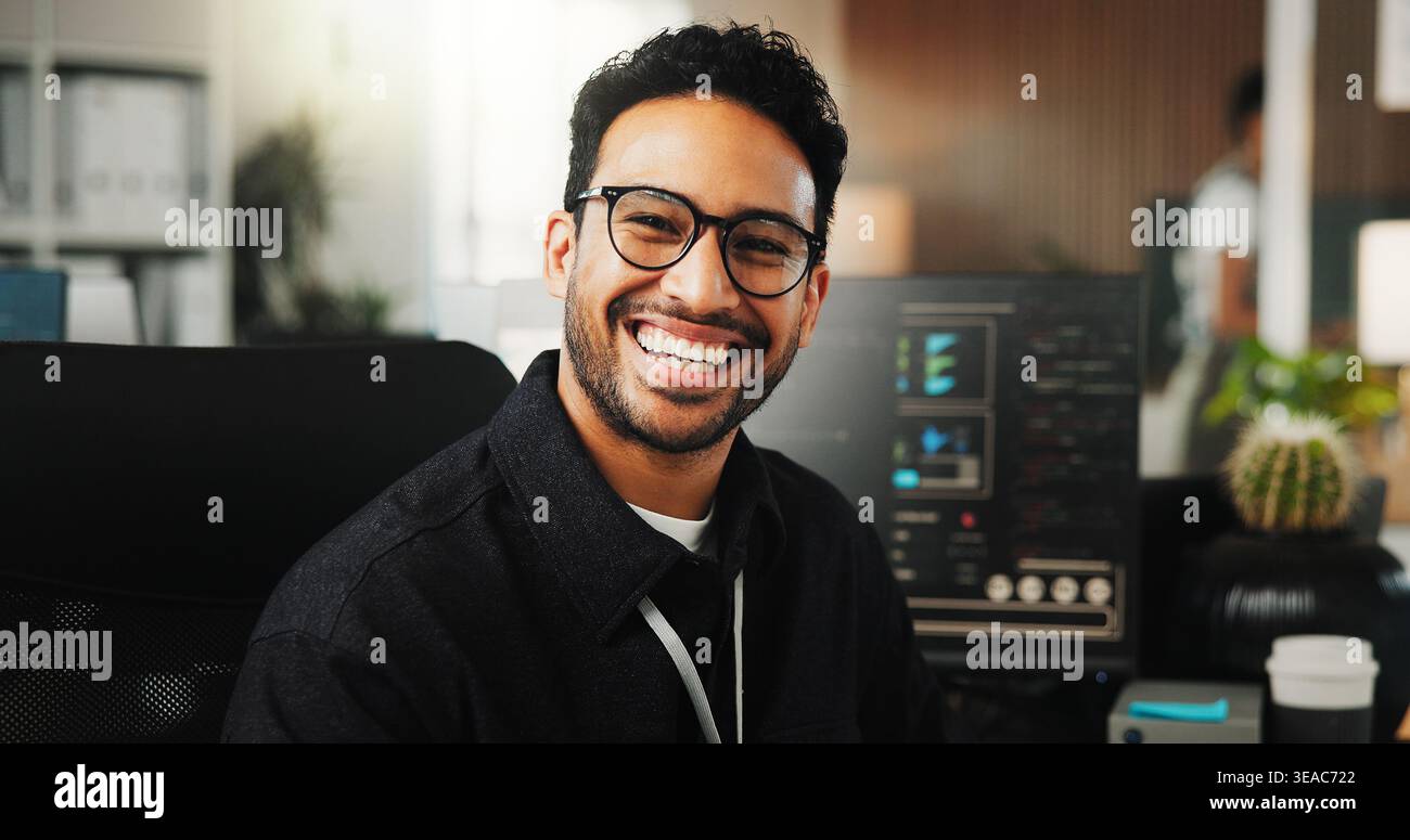 Portrait, programmer and man in office, funny and software development for website launch. Employee, programming or person in workplace, coding and Stock Photo