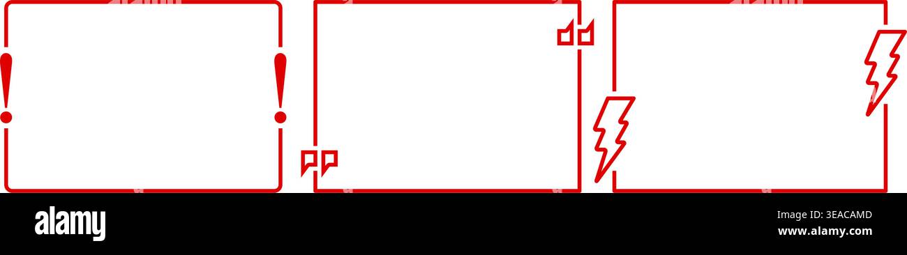 Three red outlined rectangular frames with symbolic element exclamation mark in corner double quotes in bottom corner and lightning bolt in corner. Fo Stock Vector
