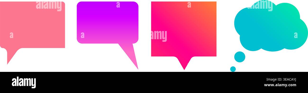 Vibrant vector set of four speech and thought graphics pink rectangular speech bubble purple gradient rounded bubble red orange gradient bubble, teal Stock Vector
