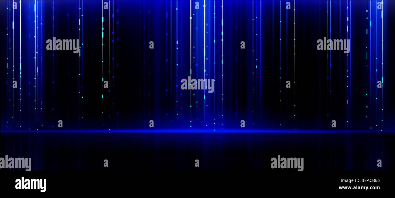 Abstract digital tech background with glowing blue vertical lines and scattered light particles on dark surface. Data pattern with futuristic ai interface atmosphere for modern technology design. Stock Vector