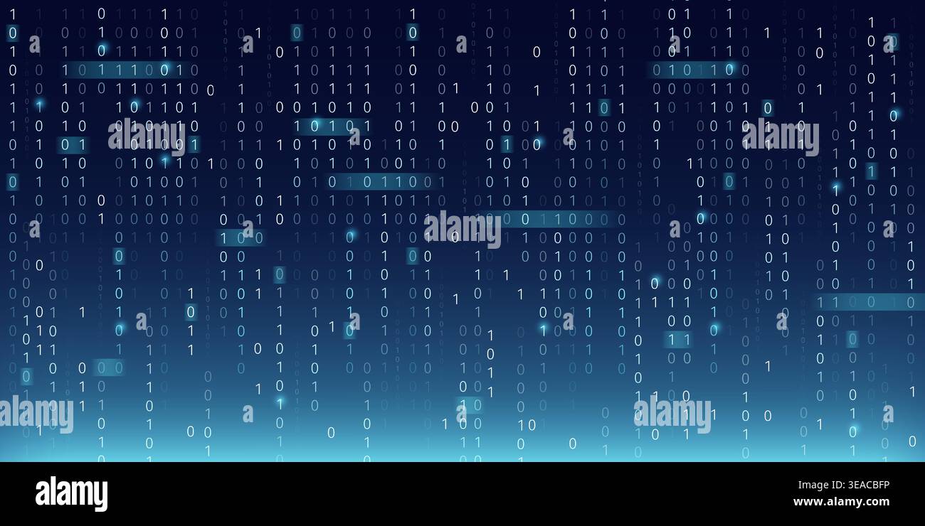 Abstract blue binary code background with highlighted numbers. Vector realistic illustration of seamless futuristic matrix pattern, computer software programming, data transfer network, virtual world Stock Vector