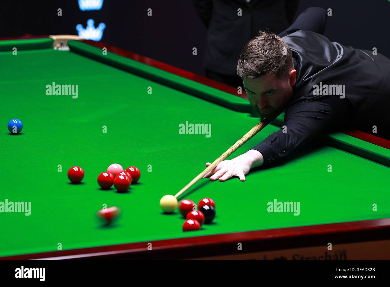 Jak Jones (Wales) plays a shot during Round 1 of the Halo World Snooker ...