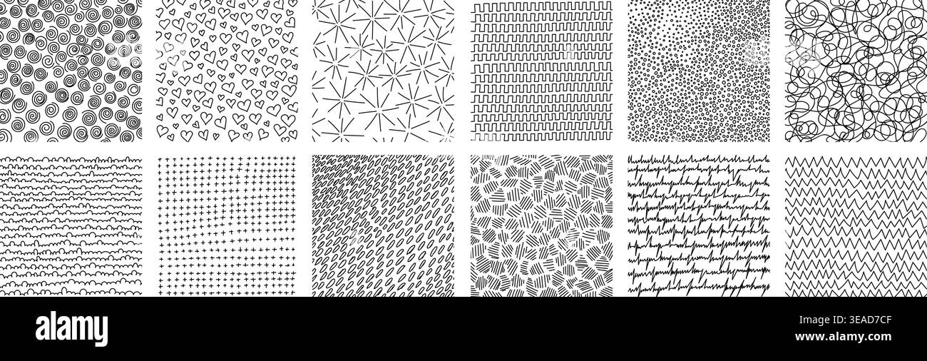 Crosshatch textures featuring hand-drawn line work and doodle pattern vector illustration set. Stock Vector