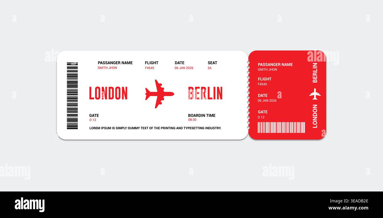 Plane ticket flat design template vector. boarding pass concept illustration template. Stock Vector