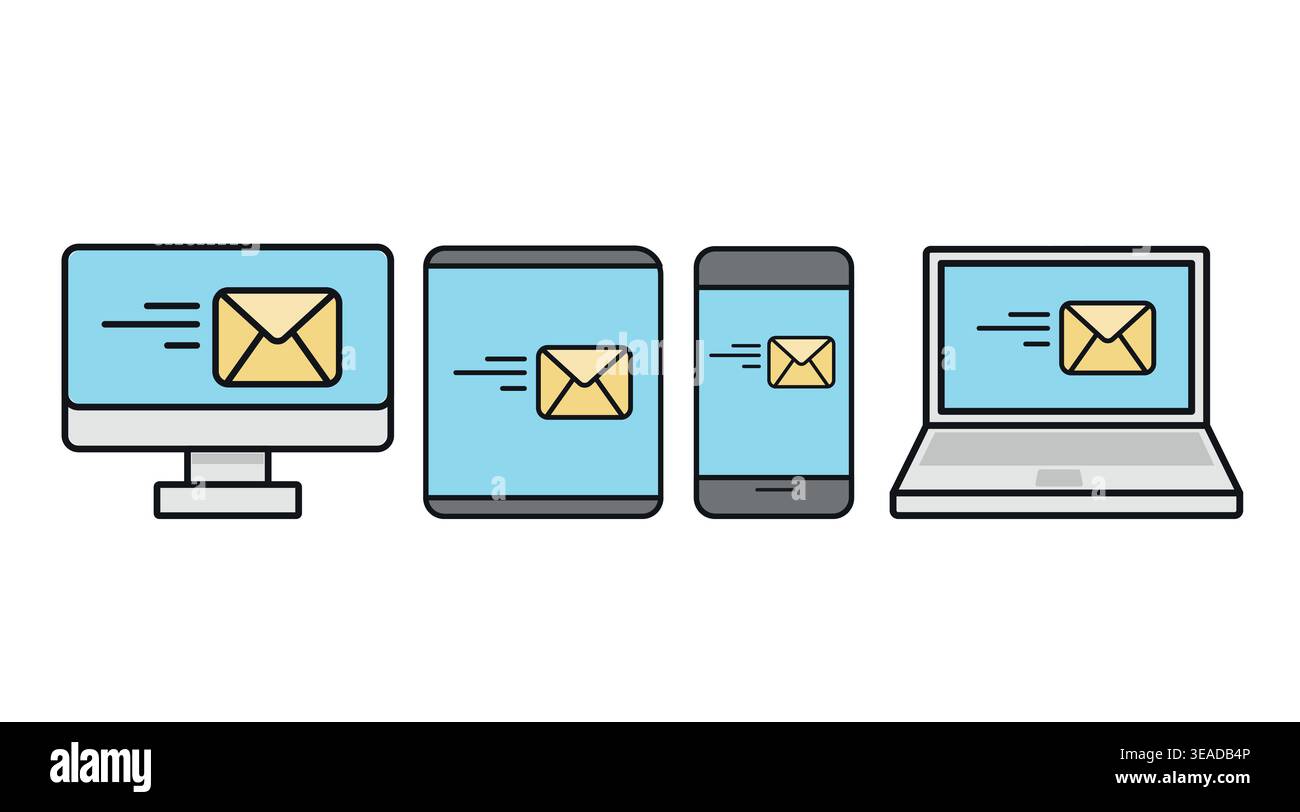 Multi-device email and communication icon set Stock Vector