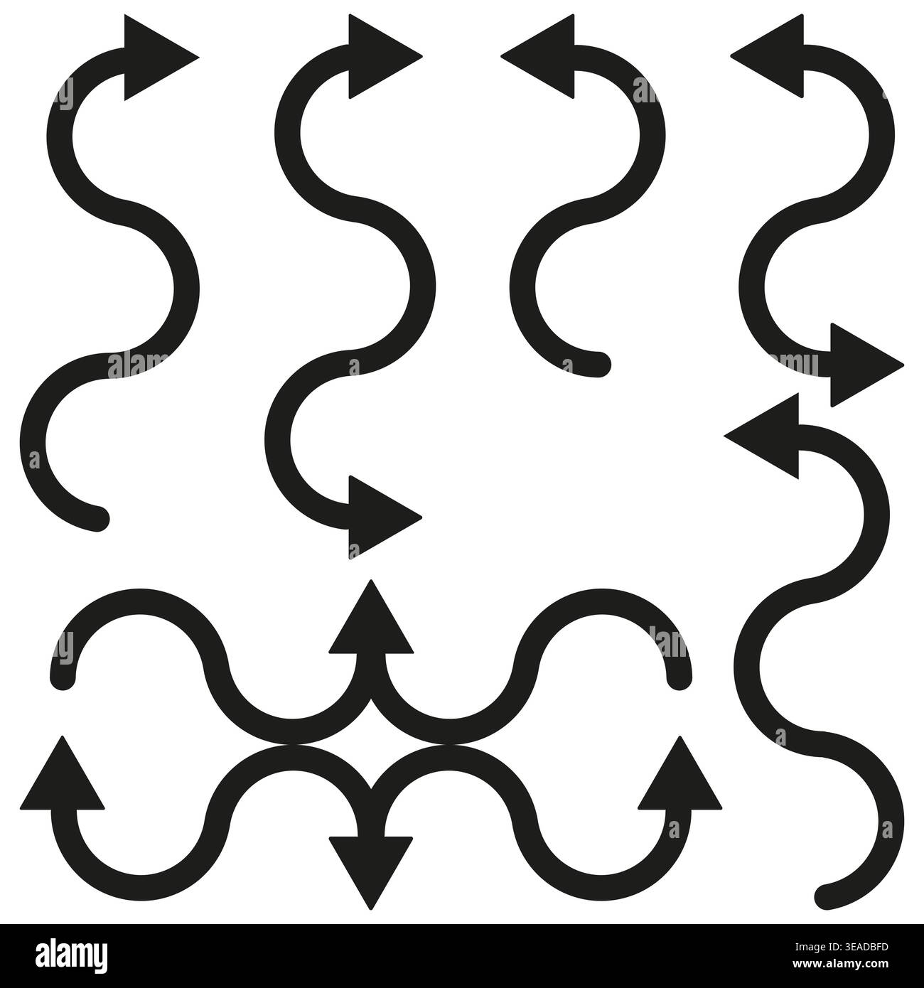 Curved arrow set. Black pointer icon. Direction vector sign. Motion flow symbol. EPS 10. Stock Vector