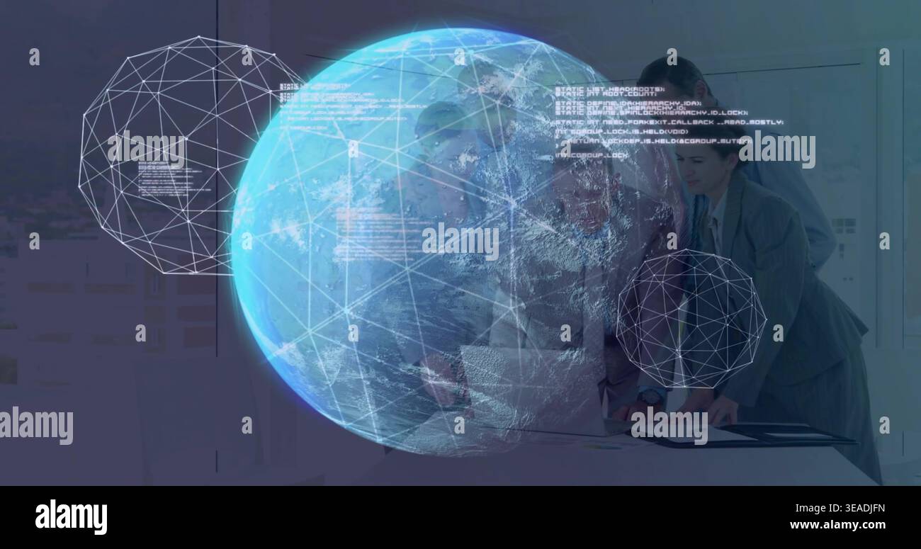 Floating holographic globe dominating meeting room, showing wireframe nodes, papers, team in suits Stock Photo