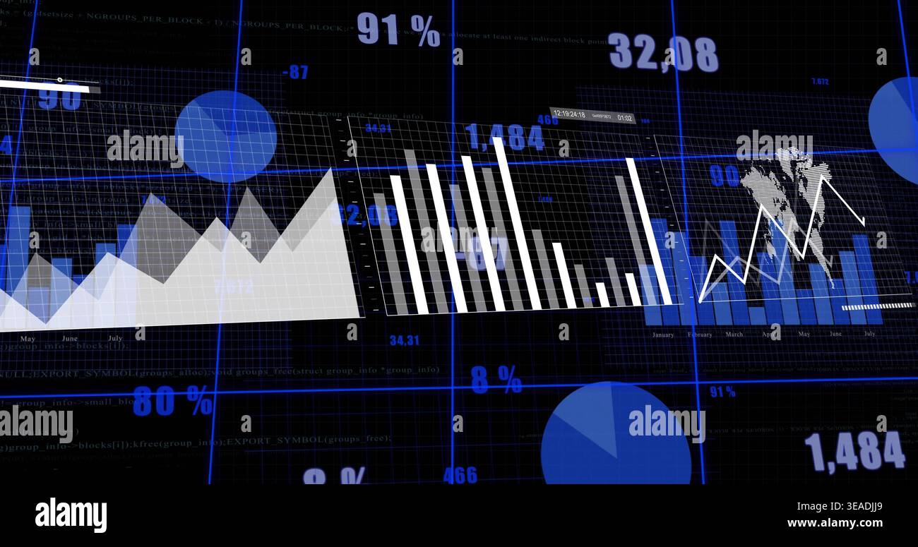 Displaying data dashboard on dark grid, showing left area chart, white bars mid, barline right map Stock Photo