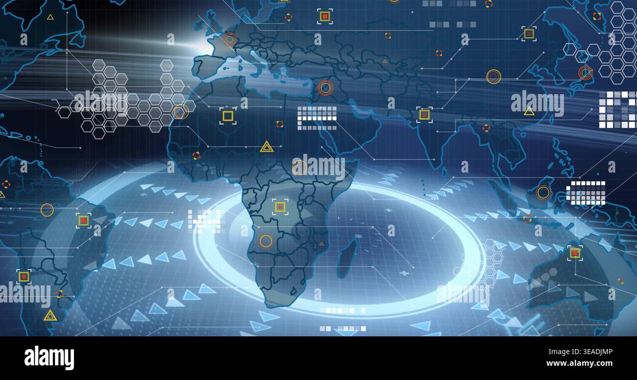 Displaying world map centering Africa, glowing radar ring, grid, data nodes in network dashboard Stock Photo