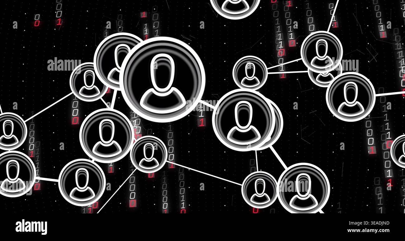 Showing large round avatar node glowing left in data network, with edges, binary and red blocks Stock Photo