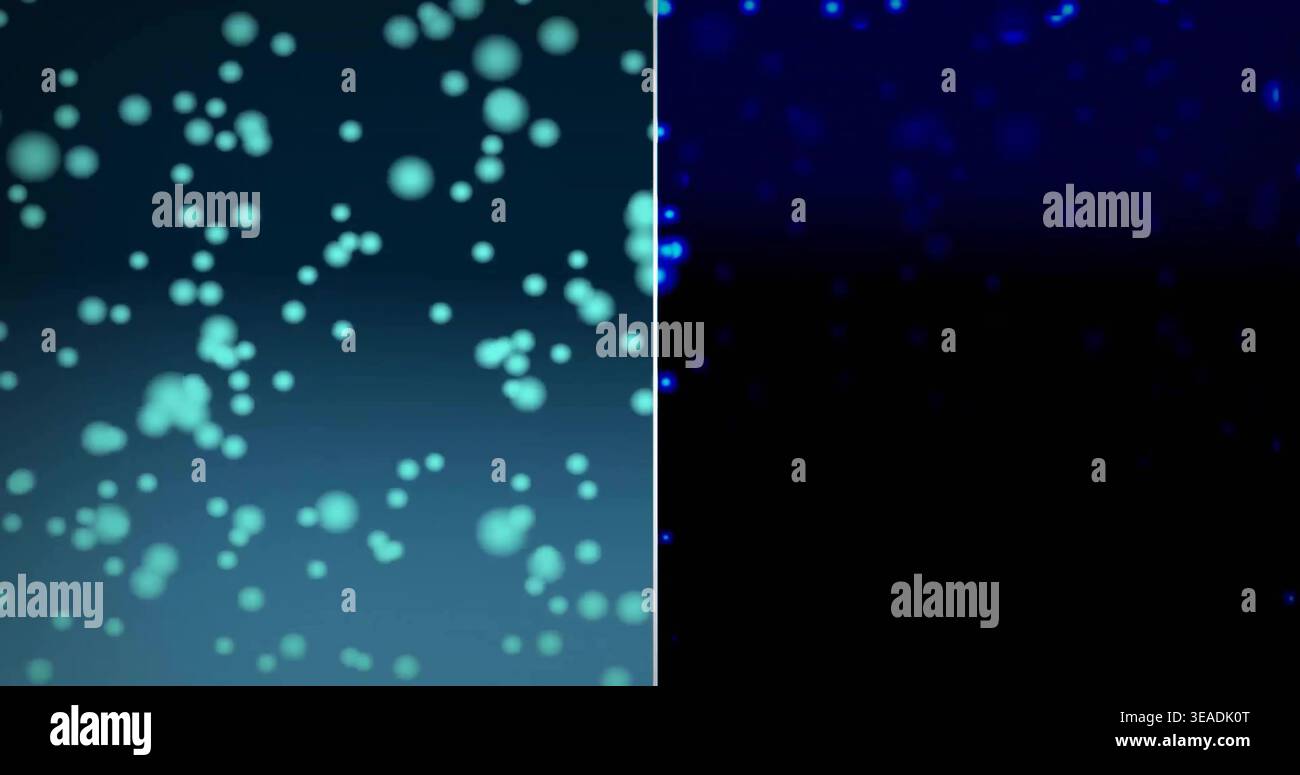 Displaying abstract split panel on digital screen, with teal bokeh, thin seam, blue speckles Stock Photo