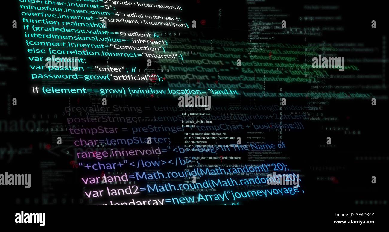 Displaying centered syntax-highlighted code block glowing on dark screen, with translucent layers Stock Photo
