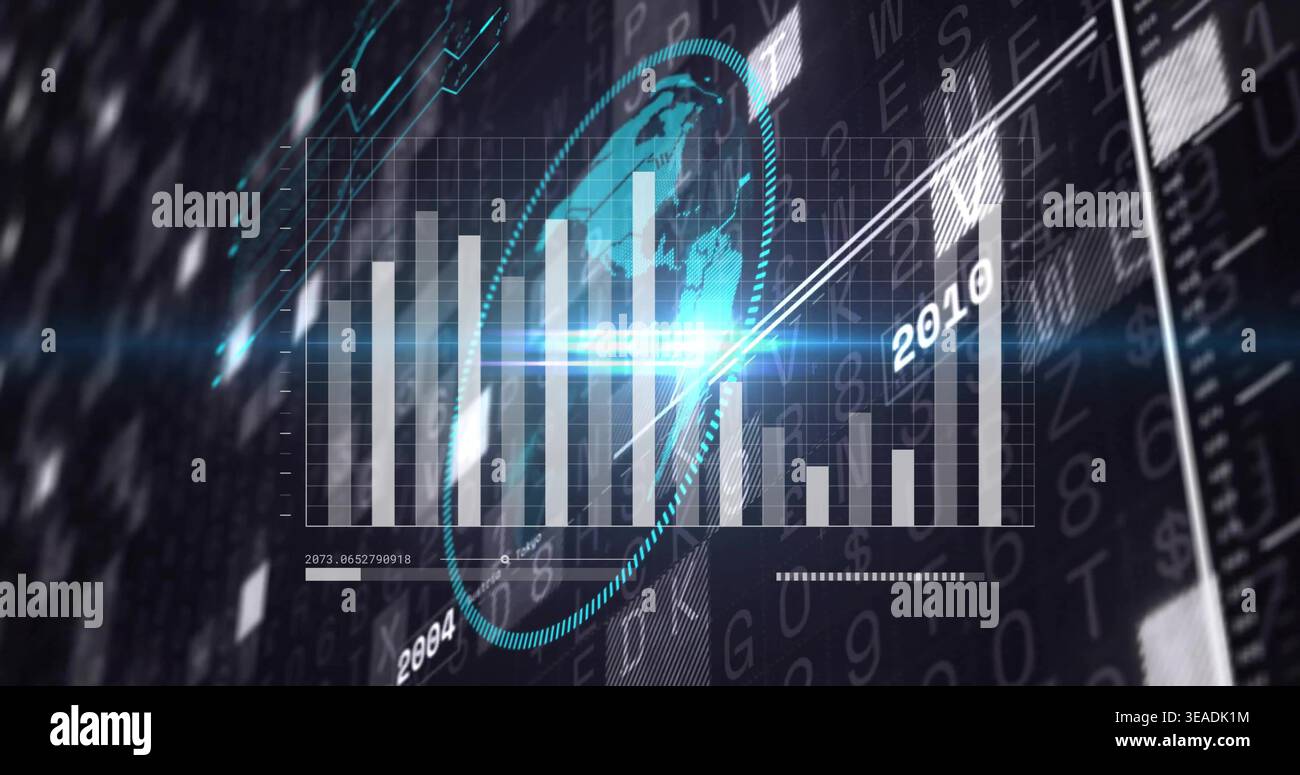 Displaying central translucent bar chart and globe hovering in grid dashboard, with lens flare Stock Photo