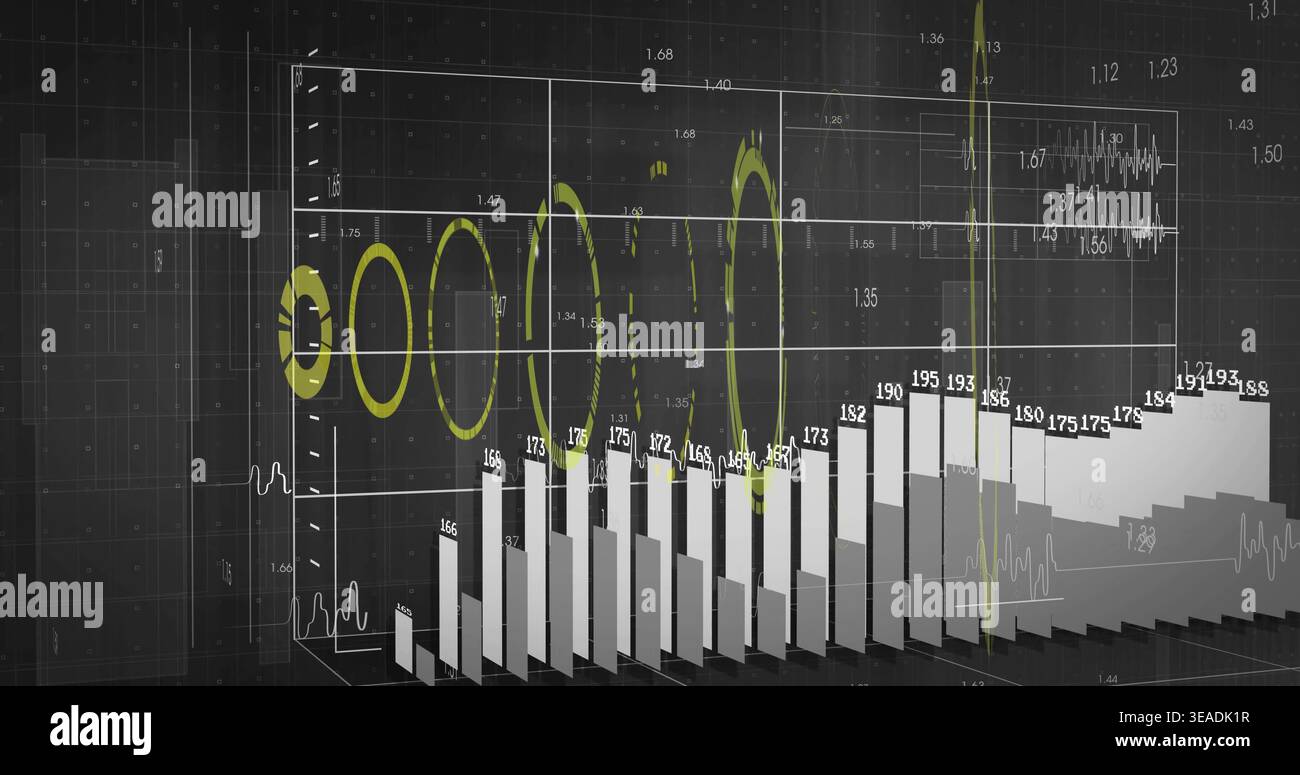 Displaying 3D bar chart centered on grid plane, with vertical bars, numeric labels, rings and spike Stock Photo