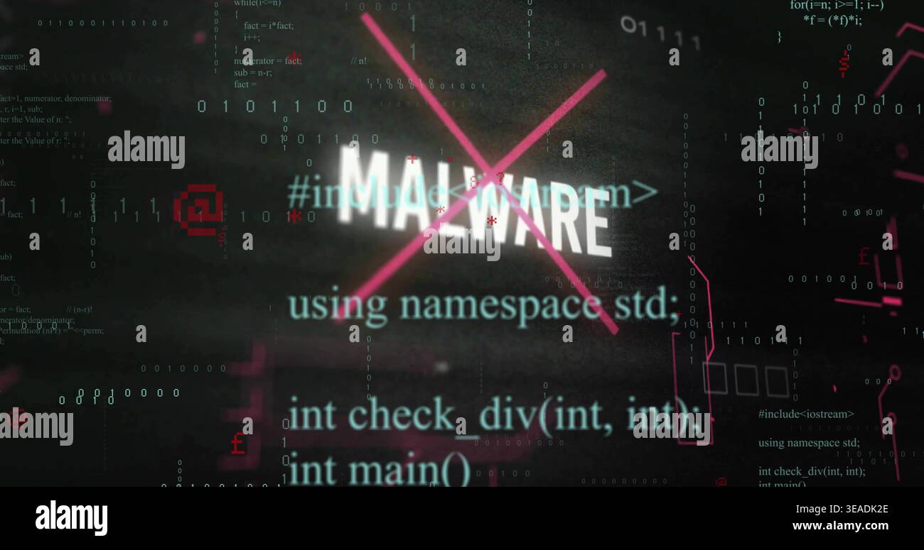 Displaying bold MALWARE text being crossed by magenta X on digital screen, with binary C++ code Stock Photo