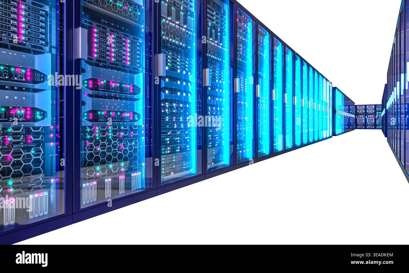 Server racks with glowing lights 3d transparent background Stock Photo