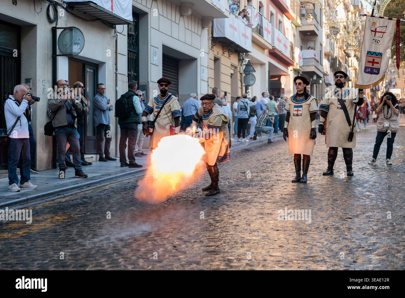 Vascos Harquebus Shot During the 750th Anniversary of Saint George in Alcoy on April 18, 2026, Spain Stock Photo