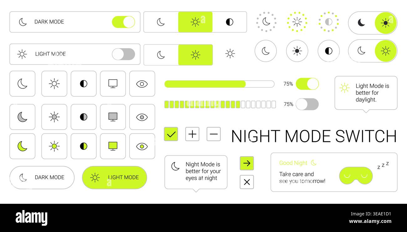 Y2k style night mode switch ui set with light mode toggle interface elements icons and minimal layout Stock Vector