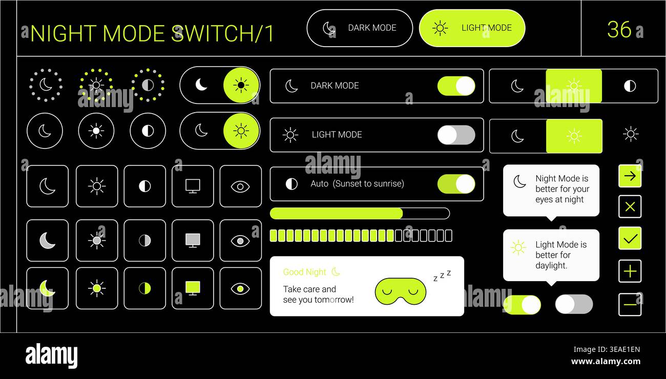 Y2k style dark theme night mode switch ui set with light mode toggle interface elements and neon accents Stock Vector