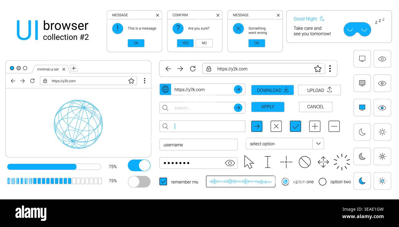 Y2k browser ui kit with retro window interface elements including dialog boxes buttons and desktop web layout components Stock Vector
