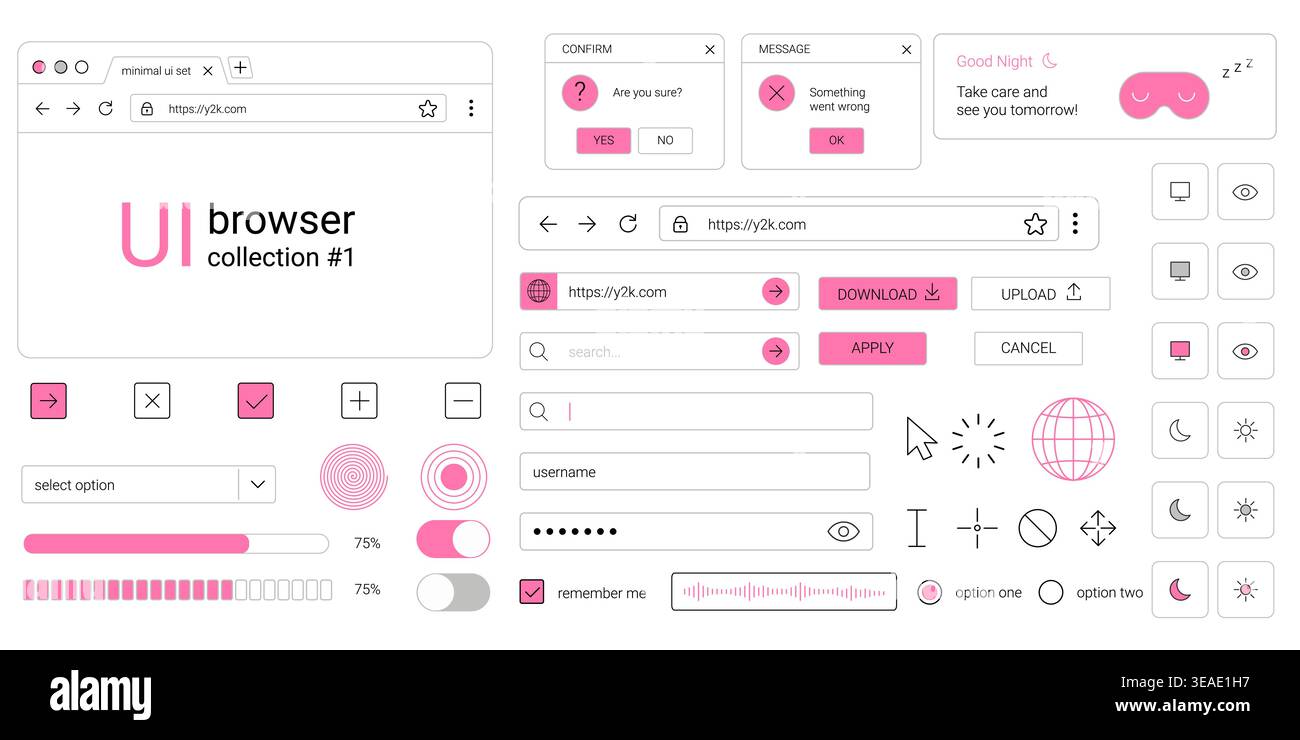 Y2k browser ui kit with retro window interface elements including dialog boxes buttons and pink desktop web layout components Stock Vector